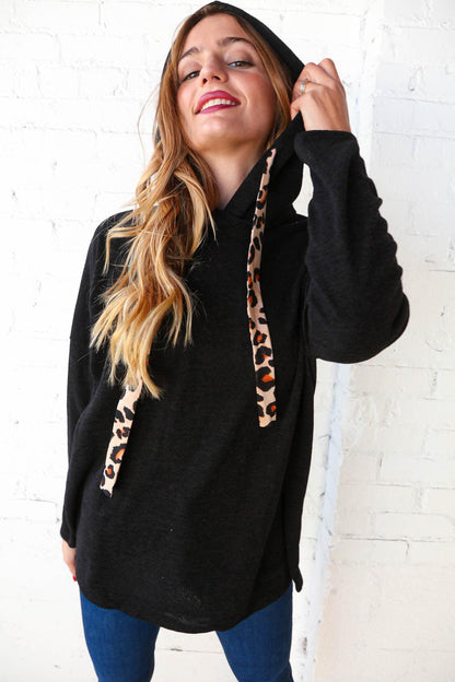 Black Knit Leopard Print Drawstring Hoodie