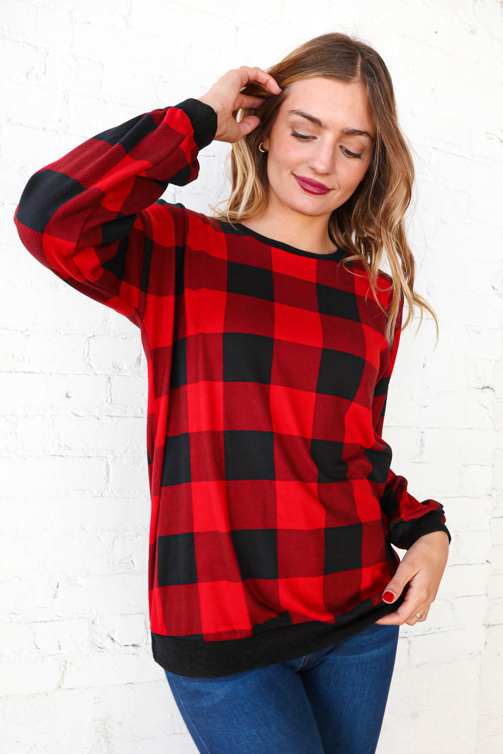 Brushed Hacci Plaid Crew Neck Pullover