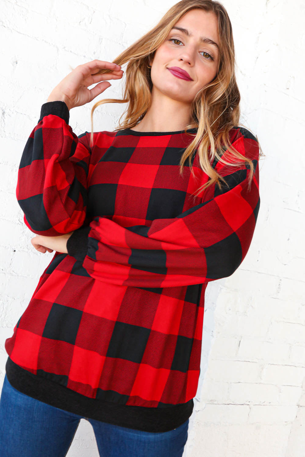 Brushed Hacci Plaid Crew Neck Pullover