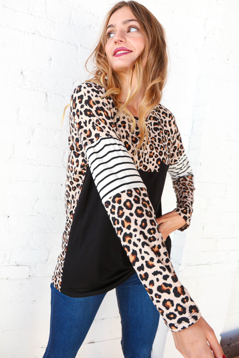 Midnight Leopard Stripe Color Block Knit Top