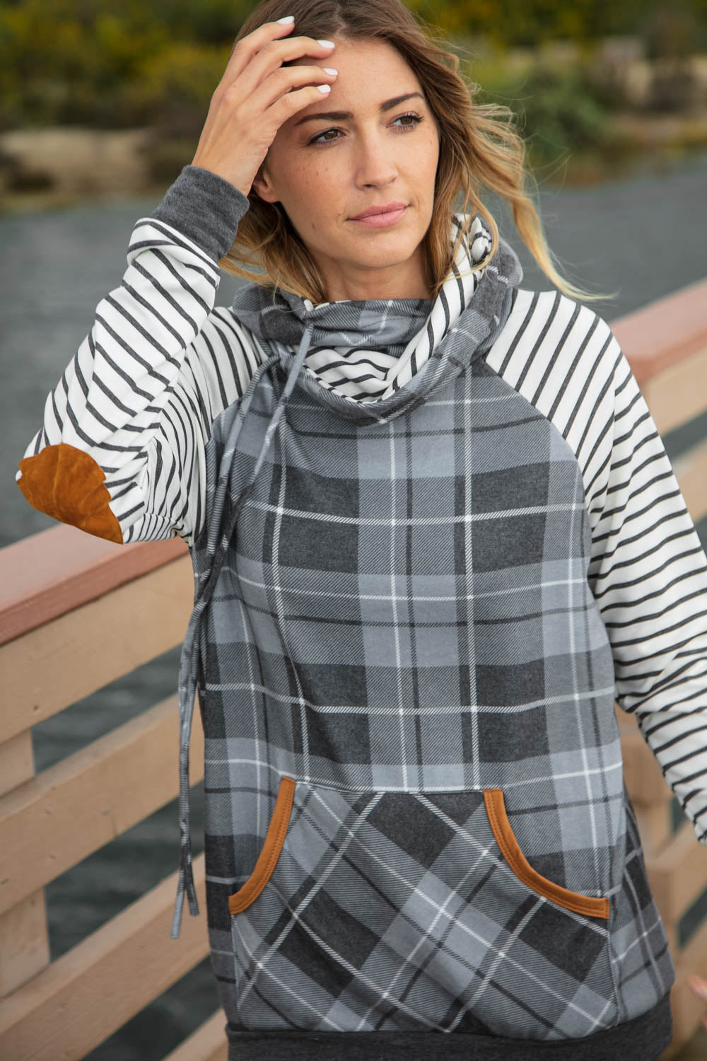 Grey Plaid Elbow Pad Hoodie