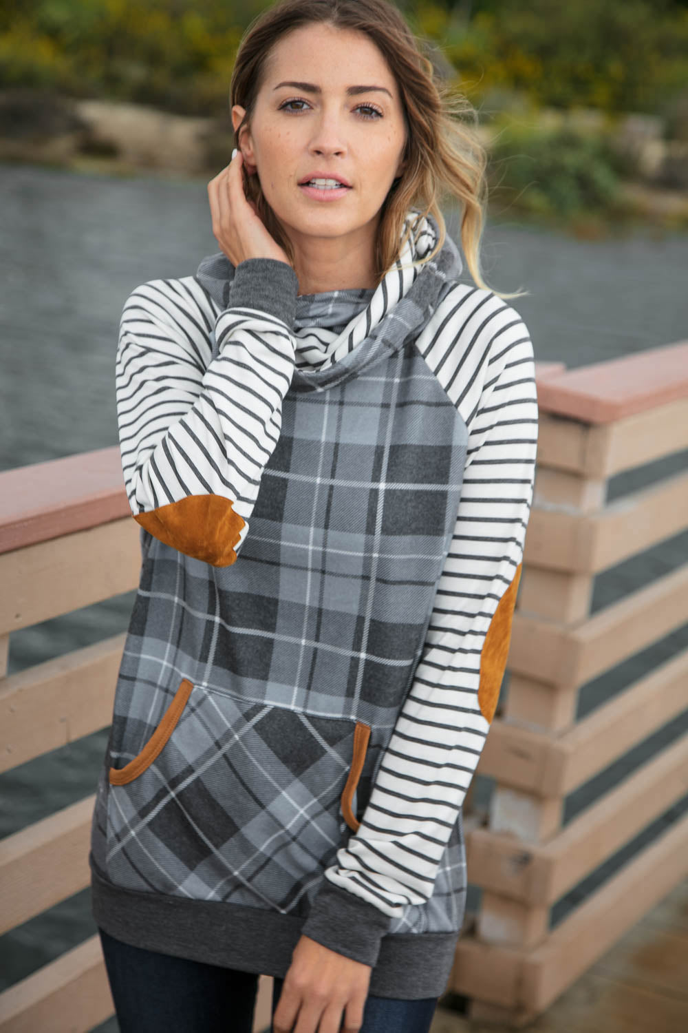 Grey Plaid Elbow Pad Hoodie