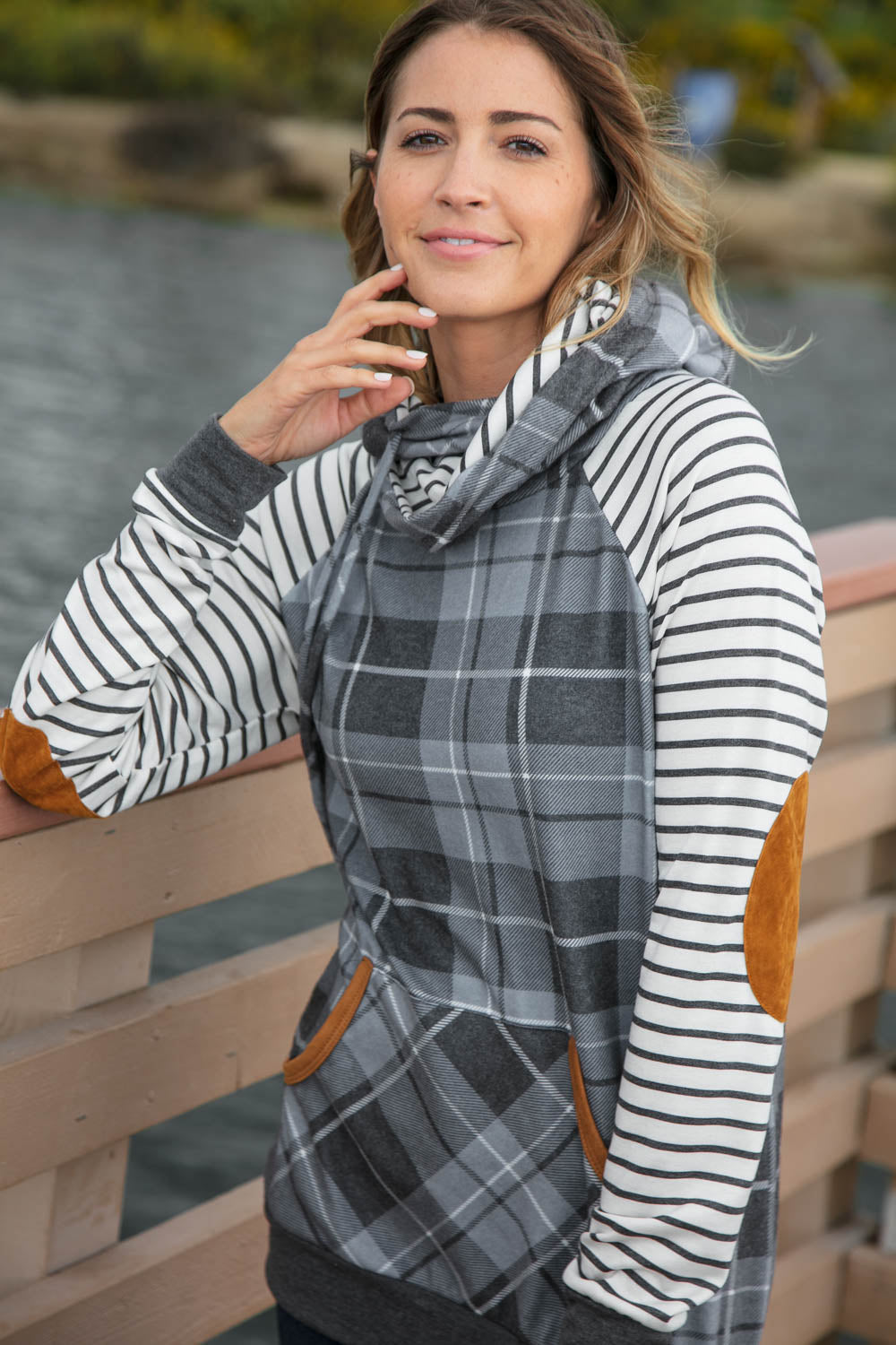 Grey Plaid Elbow Pad Hoodie