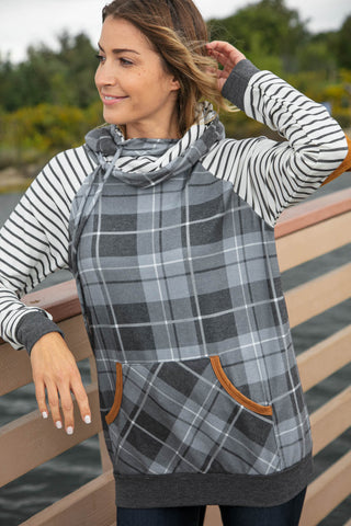 Grey Plaid Elbow Pad Hoodie