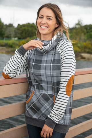 Grey Plaid Elbow Pad Hoodie