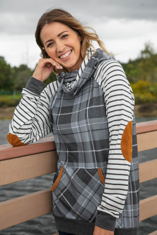 Grey Plaid Elbow Pad Hoodie