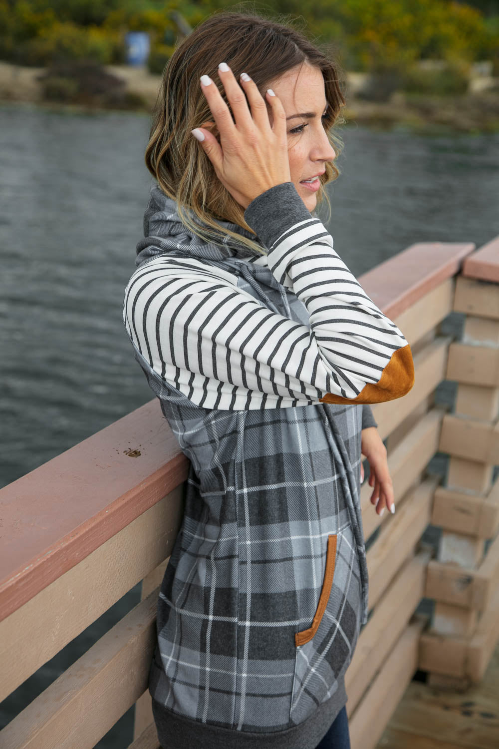 Grey Plaid Elbow Pad Hoodie