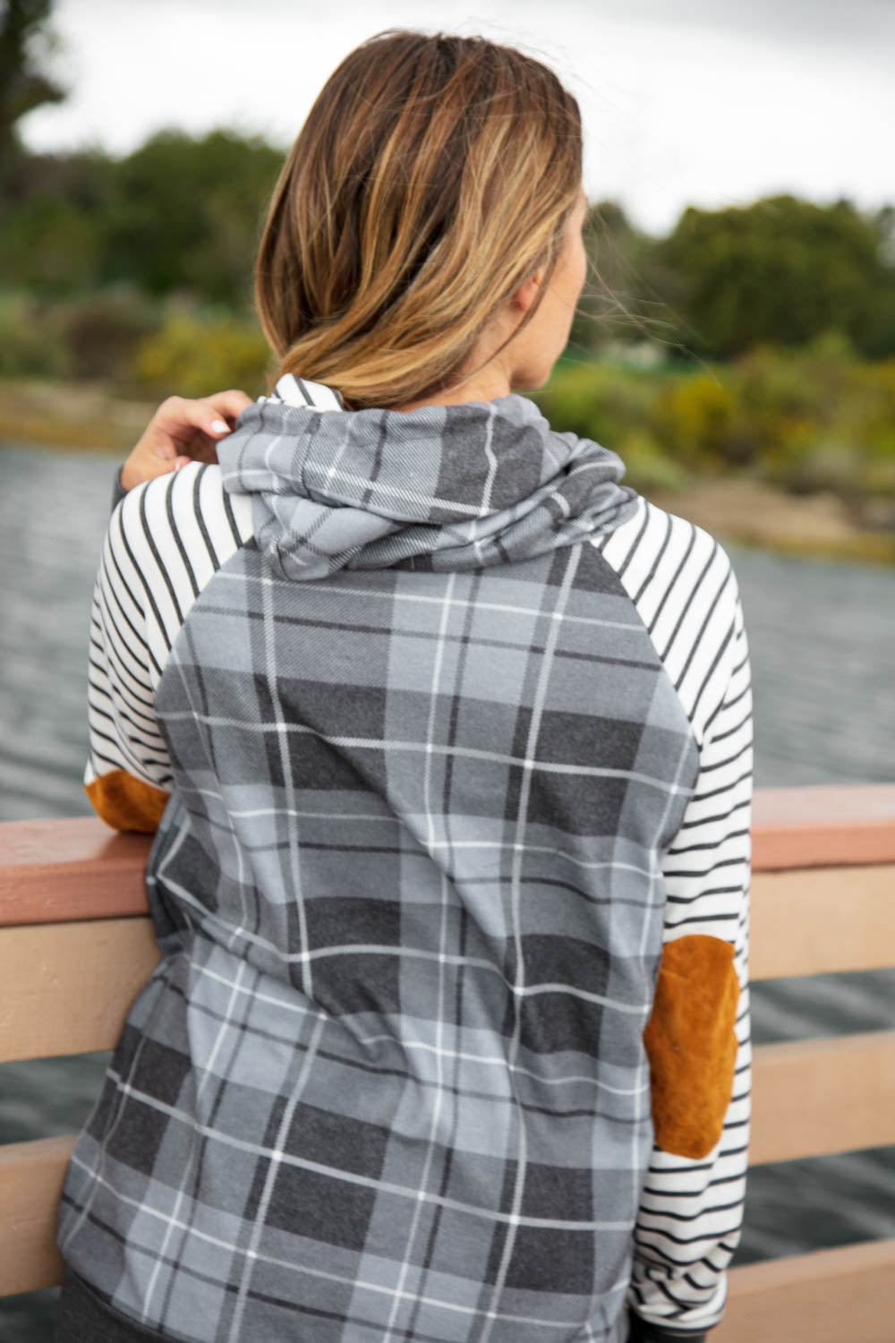 Grey Plaid Elbow Pad Hoodie