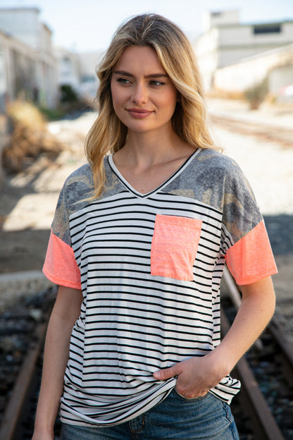 Stripe Camo Neon Orange Front Pocket Cotton Mix Top