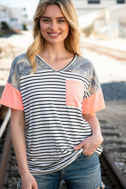 Stripe Camo Neon Orange Front Pocket Cotton Mix Top