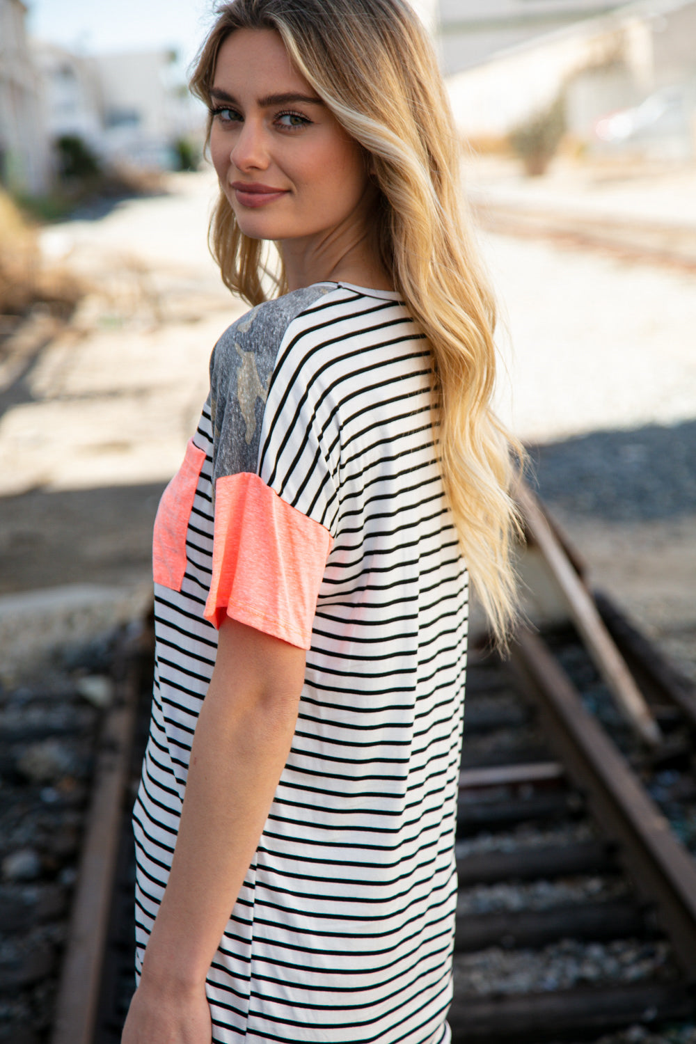 Stripe Camo Neon Orange Front Pocket Cotton Mix Top