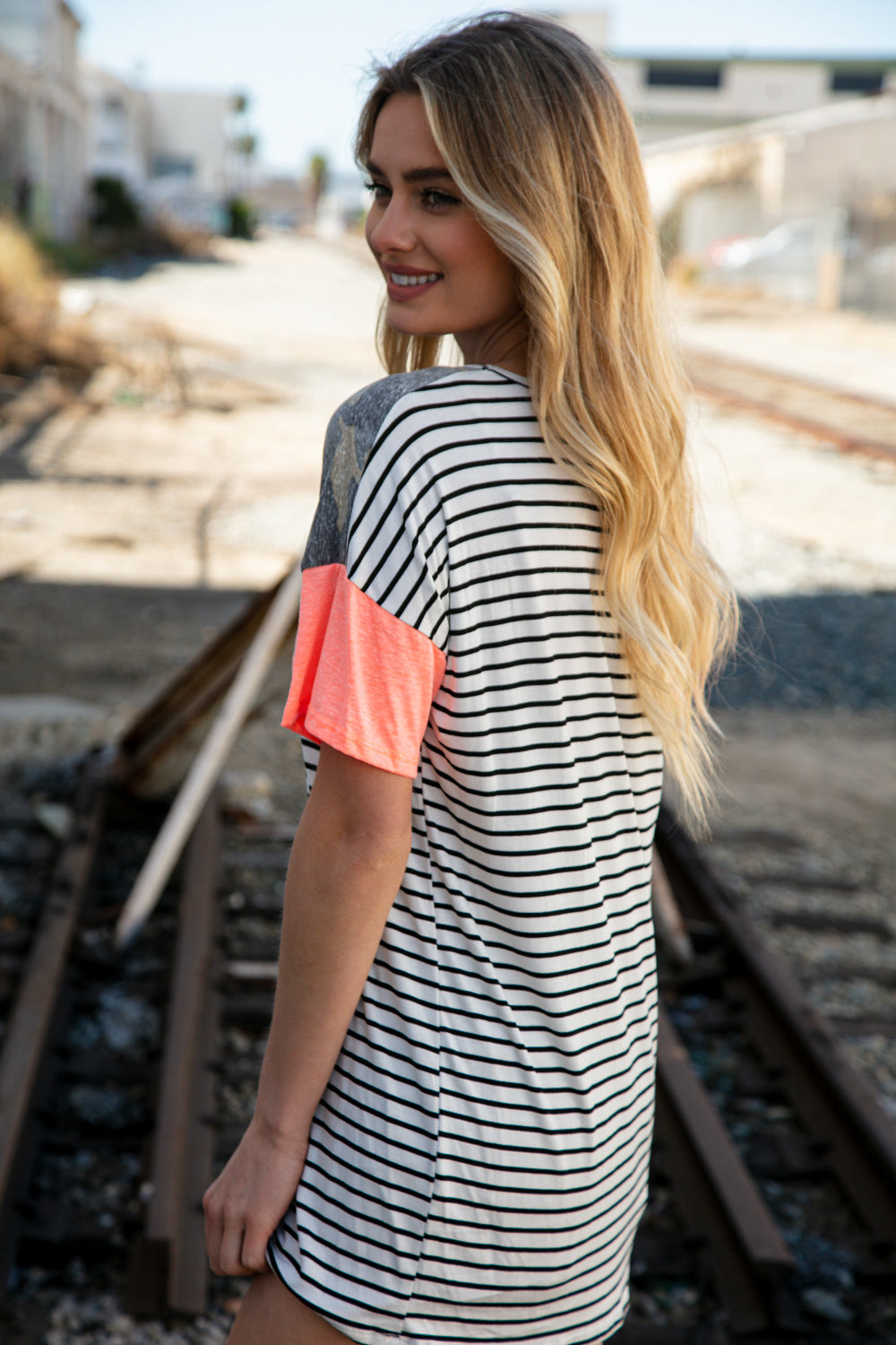 Stripe Camo Neon Orange Front Pocket Cotton Mix Top