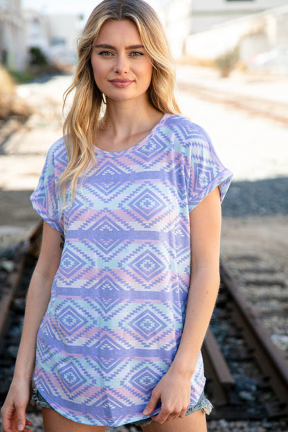 Lavender Terry Ethnic Print Capped Short Sleeve Top