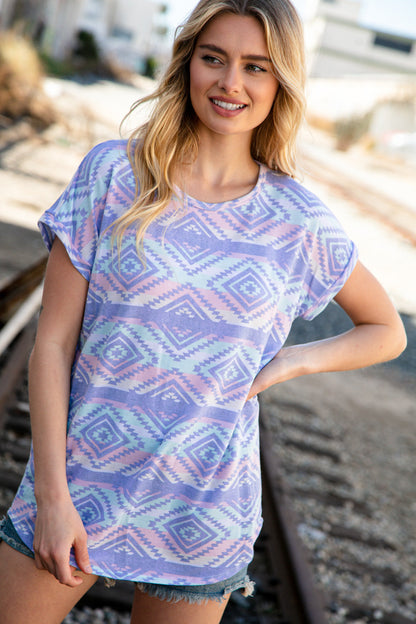 Lavender Terry Ethnic Print Capped Short Sleeve Top