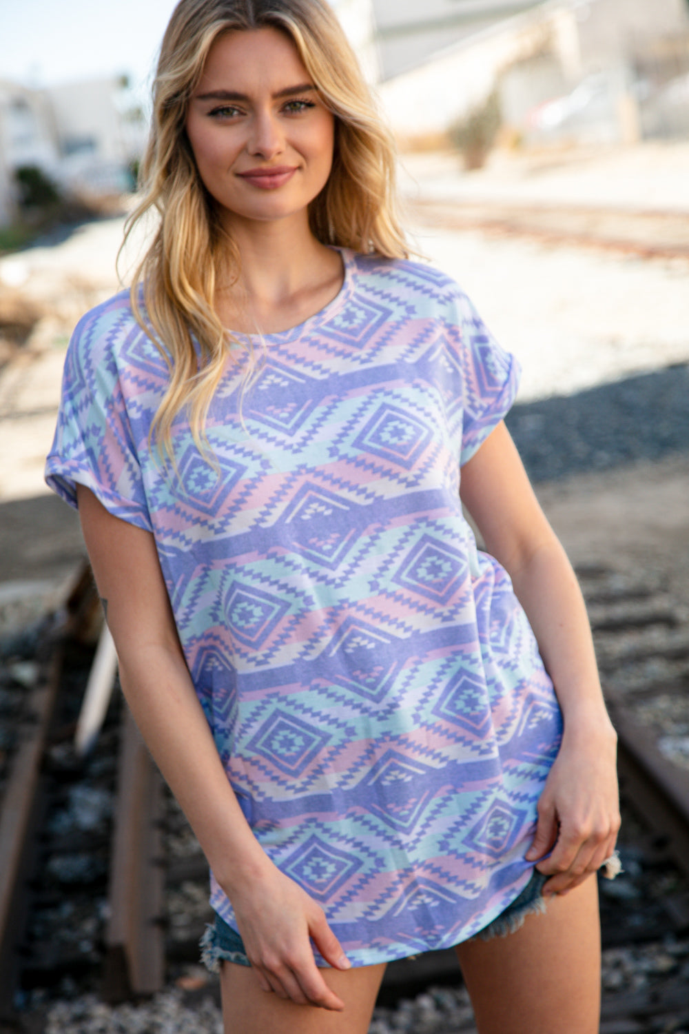 Lavender Terry Ethnic Print Capped Short Sleeve Top