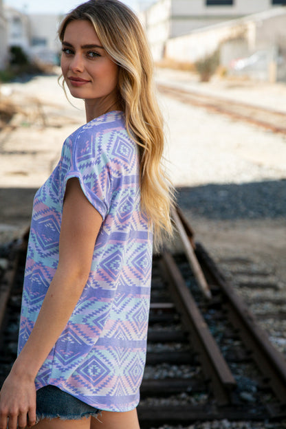 Lavender Terry Ethnic Print Capped Short Sleeve Top