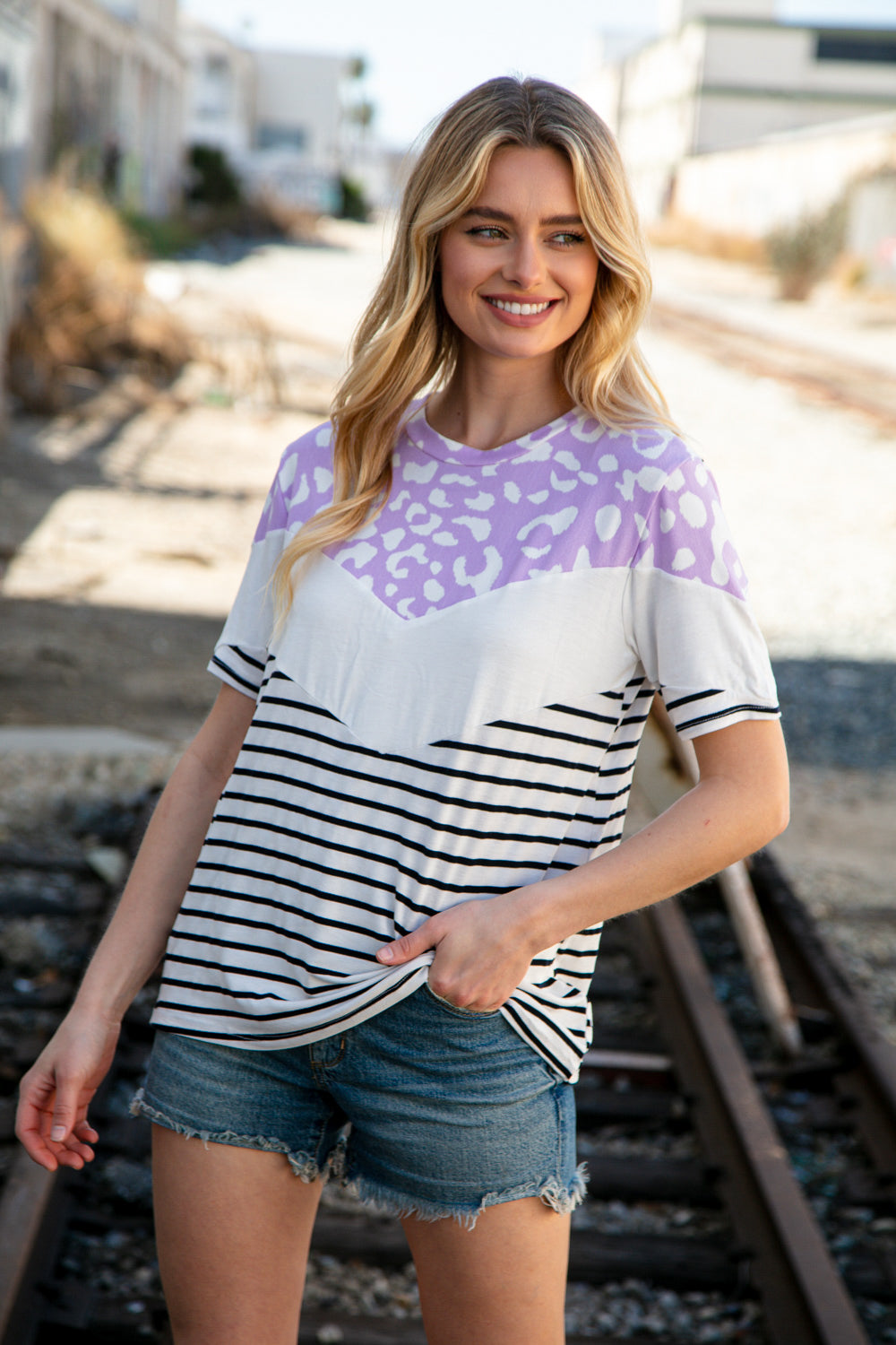 Lavender Leopard Chevron Color Block Top