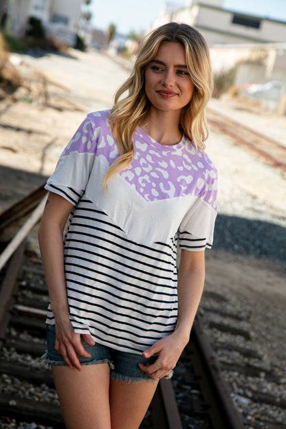 Lavender Leopard Chevron Color Block Top