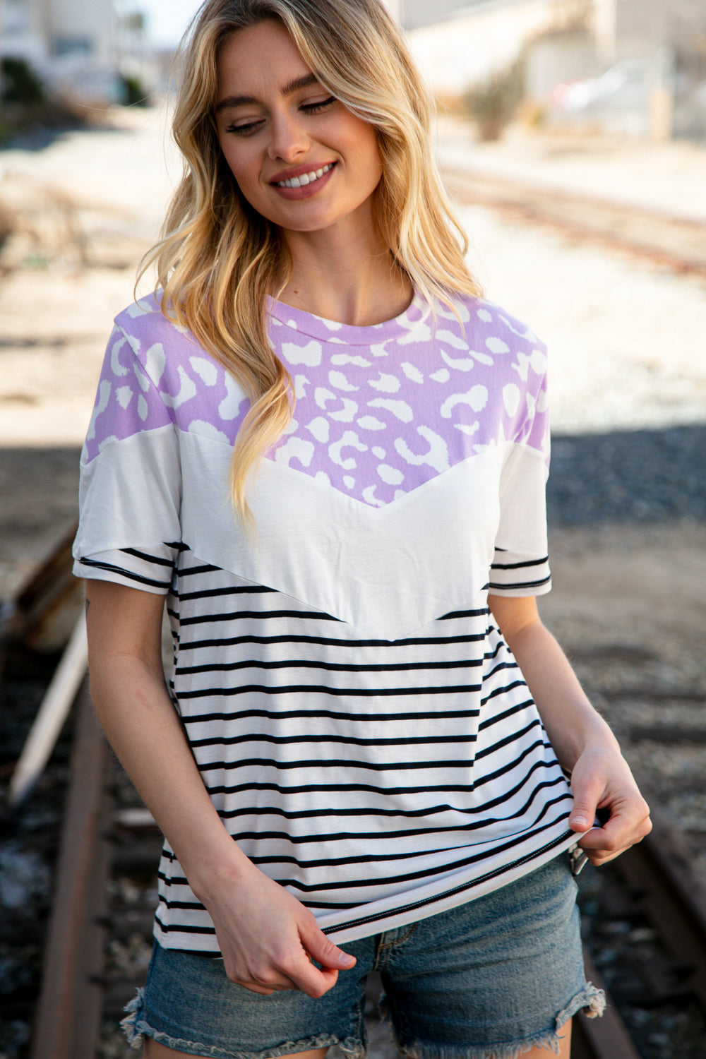 Lavender Leopard Chevron Color Block Top