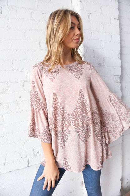 Boho Paisley Three Quarter Ruffle Sleeve Tunic