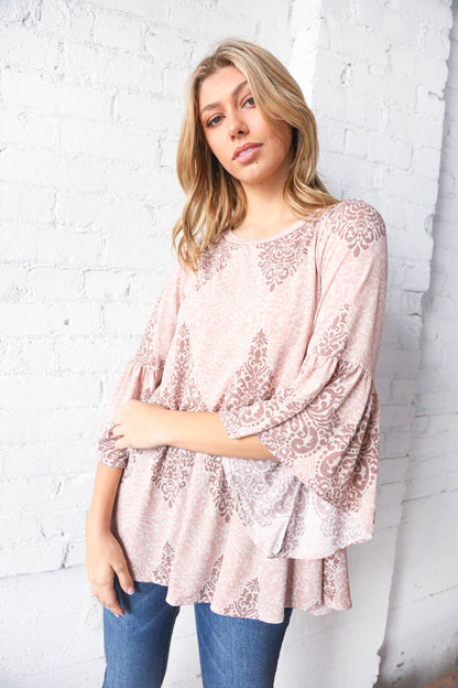 Boho Paisley Three Quarter Ruffle Sleeve Tunic