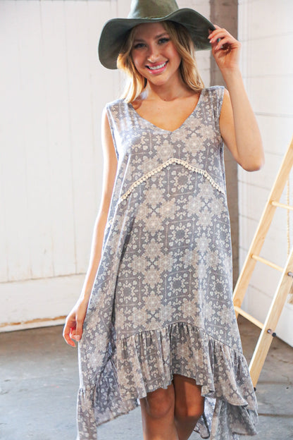 Boho Crochet Pom Pom V Neck Ruffle Hem Dress