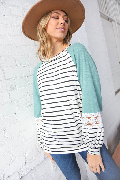 Teal Two Tone Stripe Crochet Lace Raglan Top