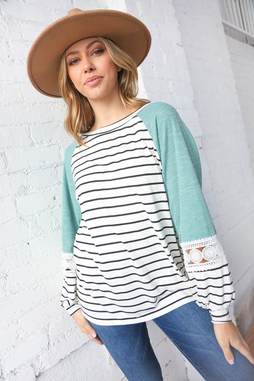 Teal Two Tone Stripe Crochet Lace Raglan Top