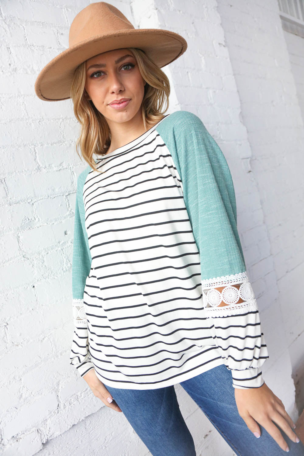 Teal Two Tone Stripe Crochet Lace Raglan Top