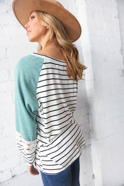 Teal Two Tone Stripe Crochet Lace Raglan Top