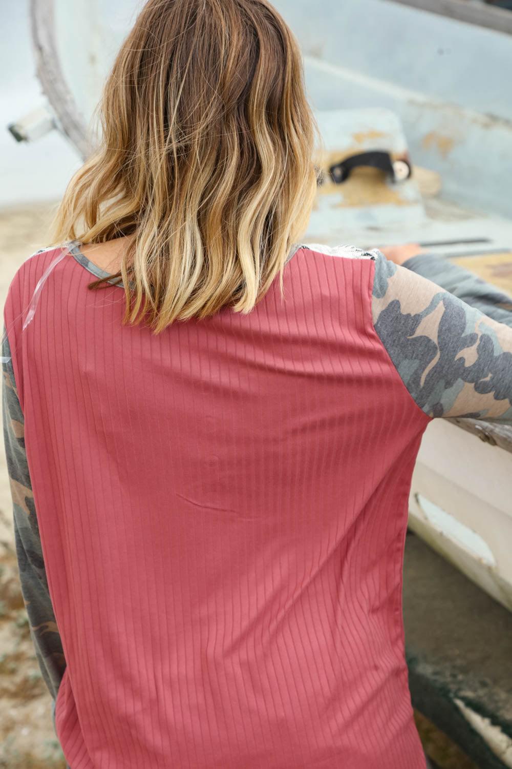 Aztec  Camo Sleeve Ribbed Top with Button Down Details