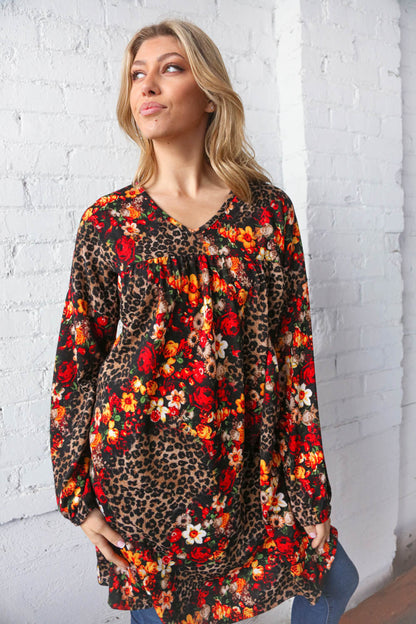 Leopard Floral V Neck Bubble Sleeve Midi-Length Dress