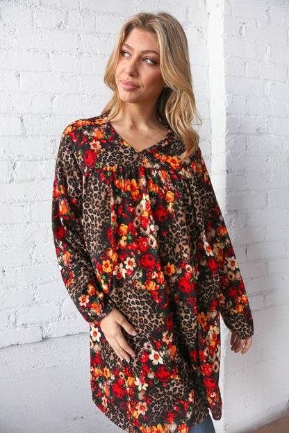 Leopard Floral V Neck Bubble Sleeve Midi-Length Dress