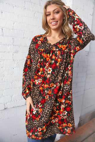 Leopard Floral V Neck Bubble Sleeve Midi-Length Dress