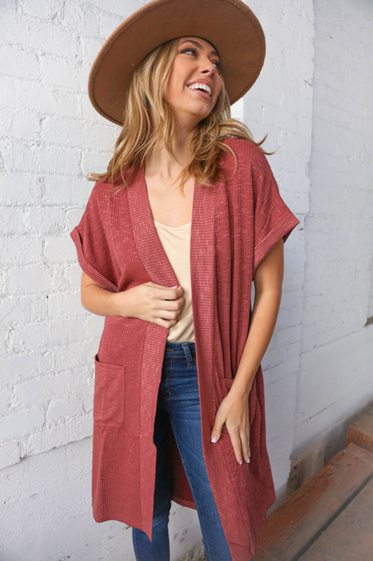 Currant Rib Knit Cuffed Short Sleeve Duster Cardigan