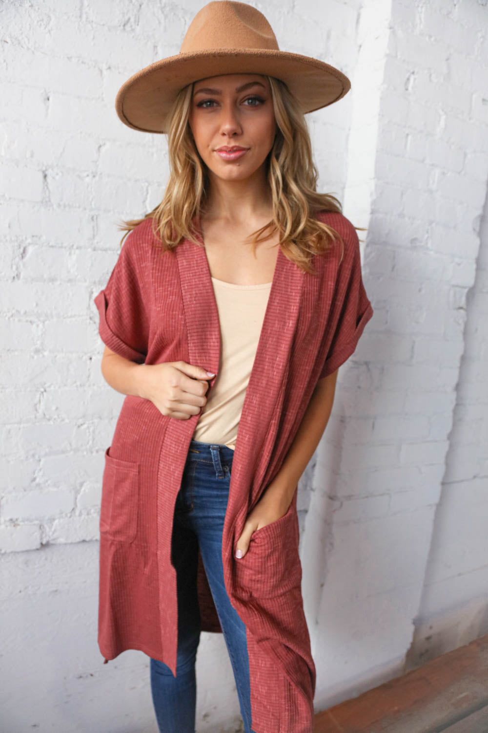 Currant Rib Knit Cuffed Short Sleeve Duster Cardigan