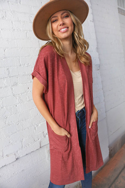 Currant Rib Knit Cuffed Short Sleeve Duster Cardigan