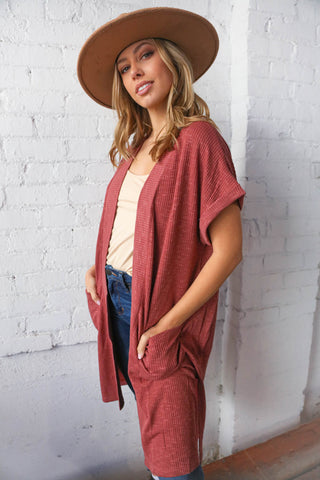 Currant Rib Knit Cuffed Short Sleeve Duster Cardigan