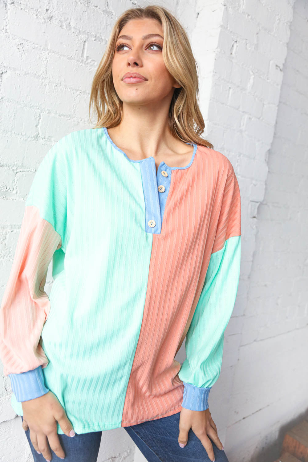 Mint & Coral Button Placket Pointelle Rib Top