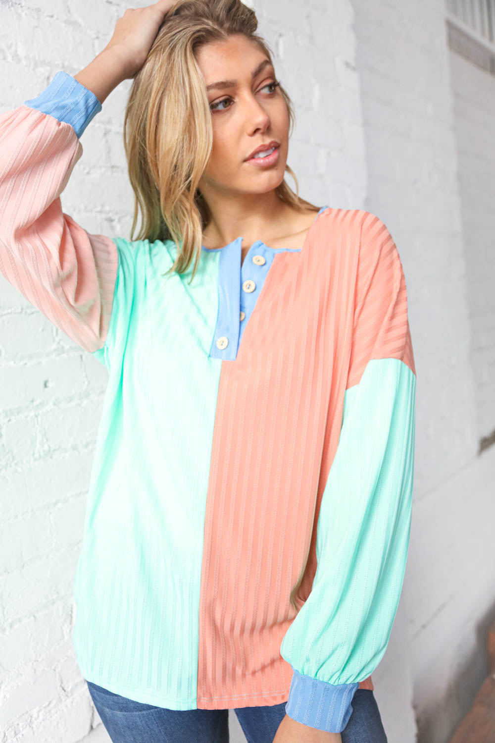 Mint & Coral Button Placket Pointelle Rib Top