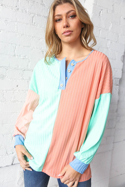 Mint & Coral Button Placket Pointelle Rib Top