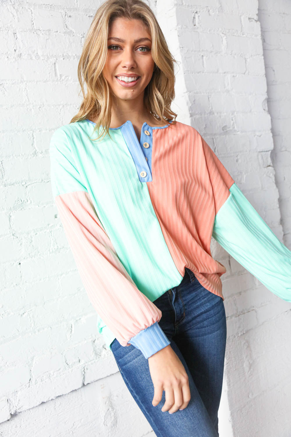 Mint & Coral Button Placket Pointelle Rib Top