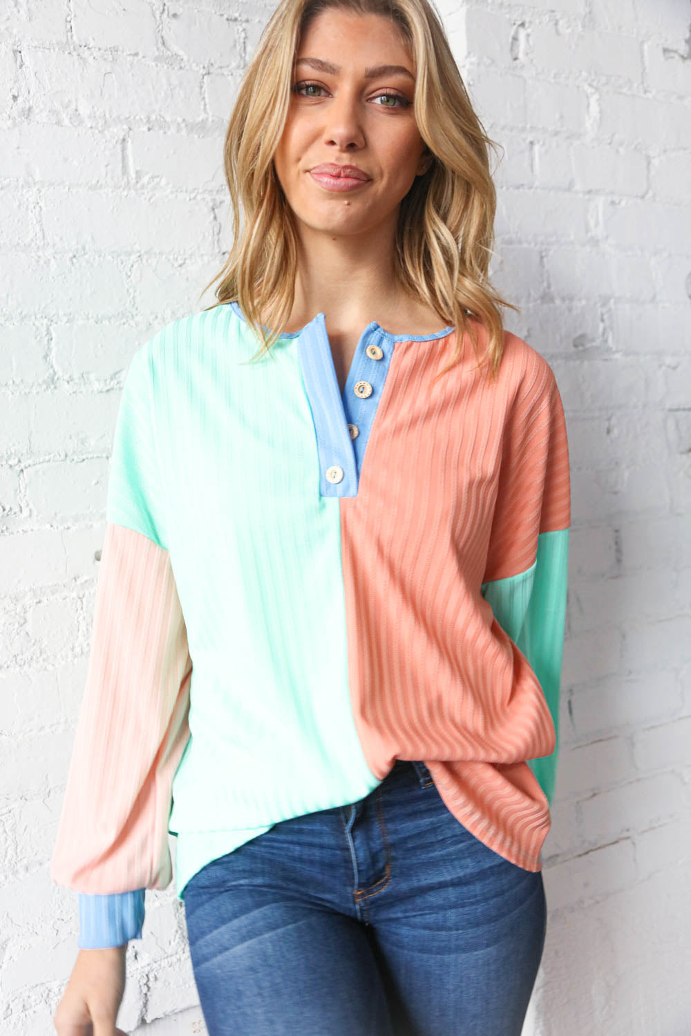 Mint & Coral Button Placket Pointelle Rib Top