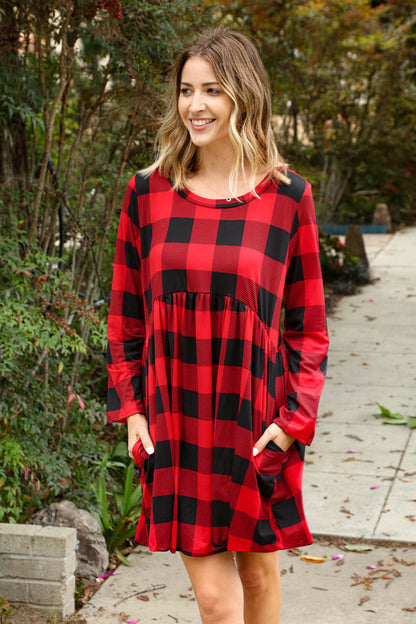 Plaid Babydoll Midi Swing Dress with Pockets