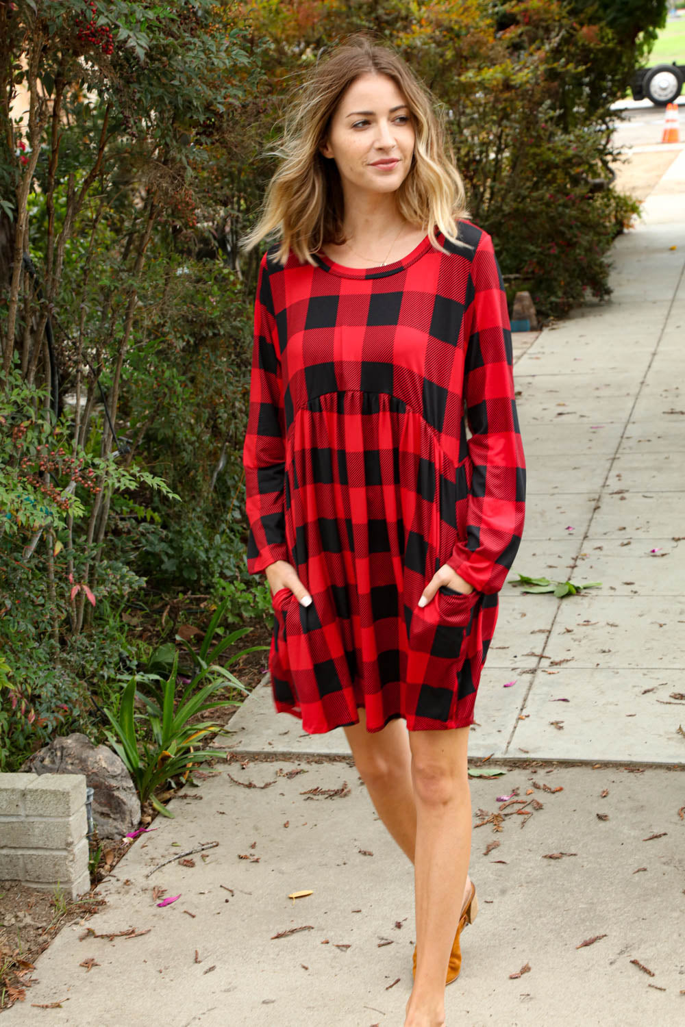 Plaid Babydoll Midi Swing Dress with Pockets