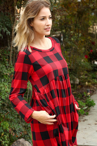 Plaid Babydoll Midi Swing Dress with Pockets