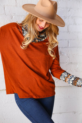 Rust Aztec Cowl Neck Sweater