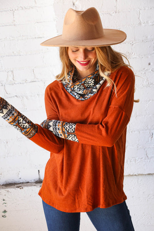 Rust Aztec Cowl Neck Sweater