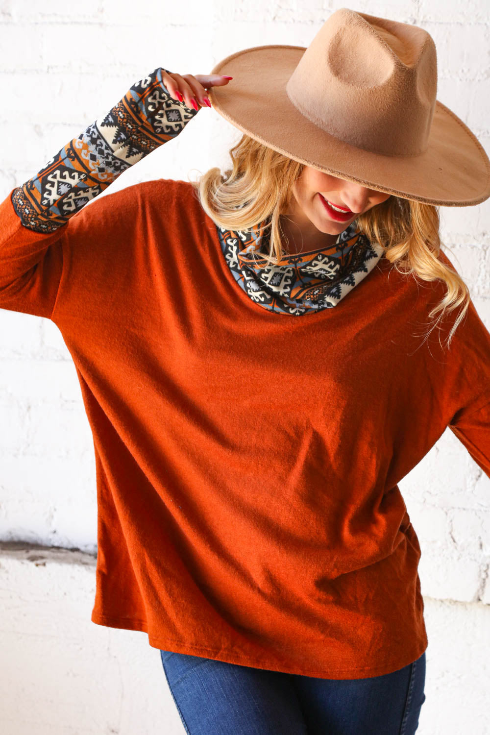 Rust Aztec Cowl Neck Sweater