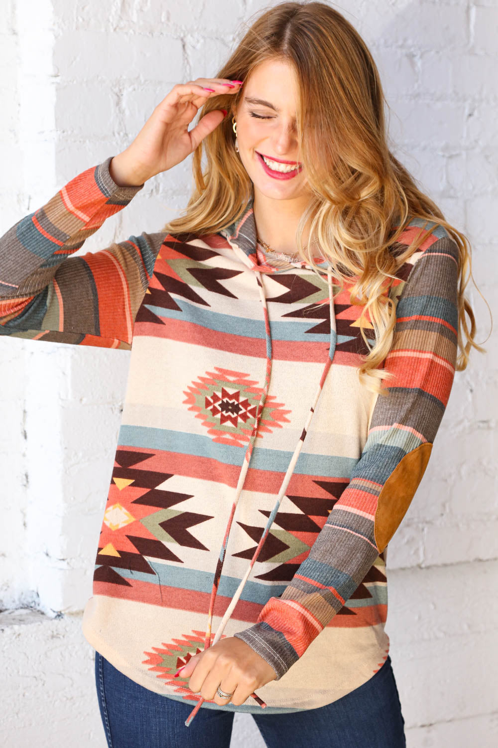 Cashmere Feel Aztec Hoodie with Elbow Pads